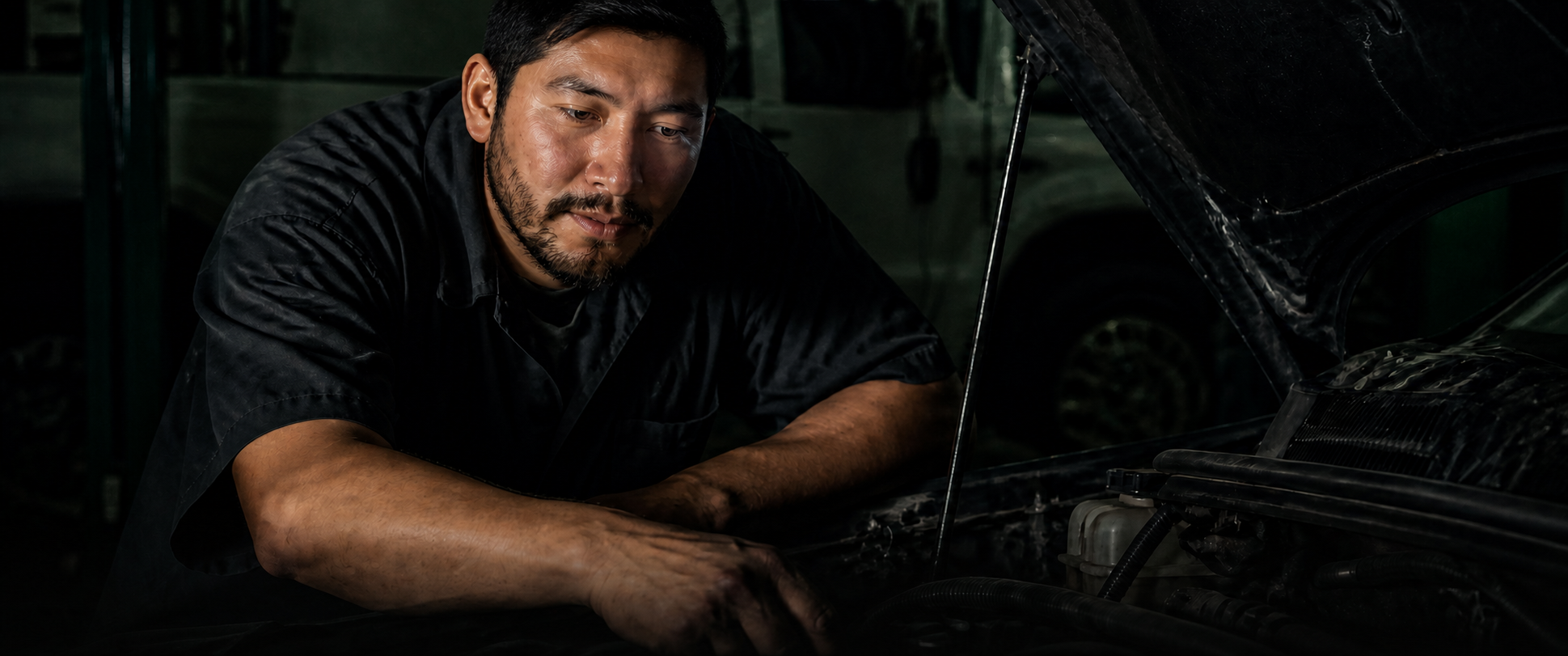 Rios Mechanics technician diagnosing a pickup truck engine in the Weslaco shop