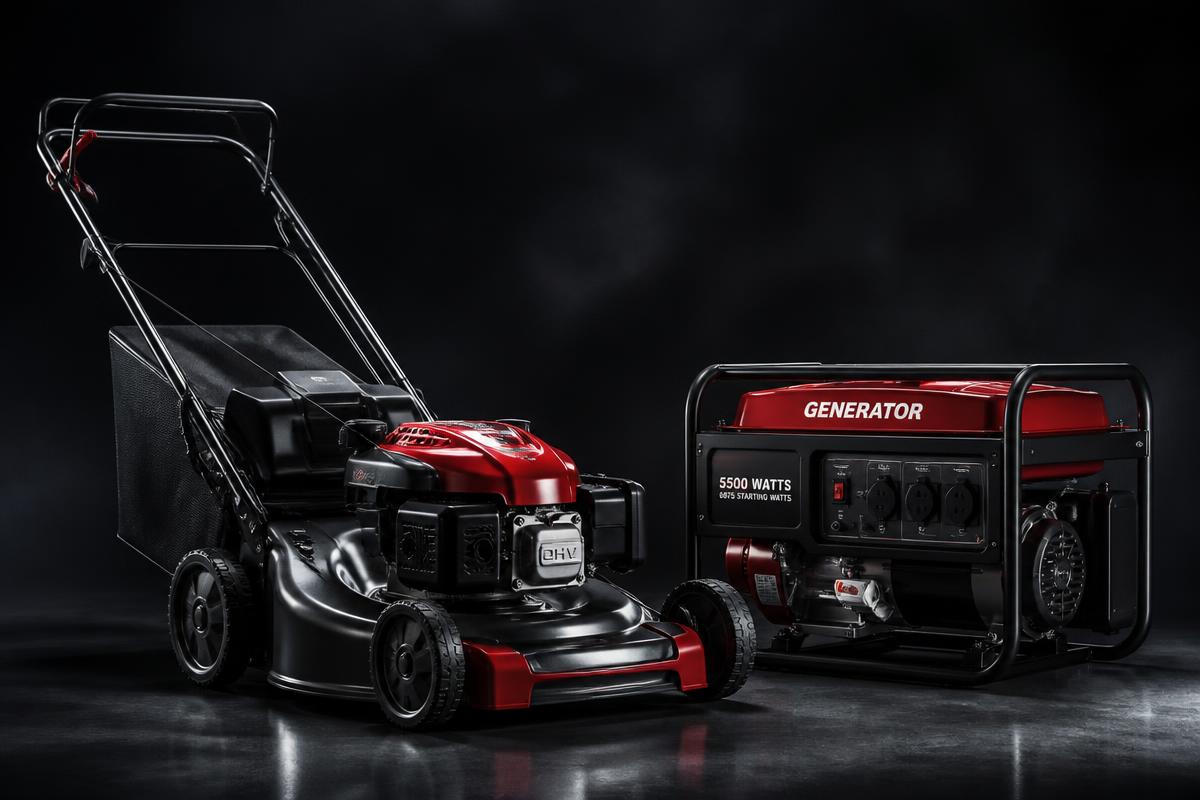 Shiny lawn mower and portable generator